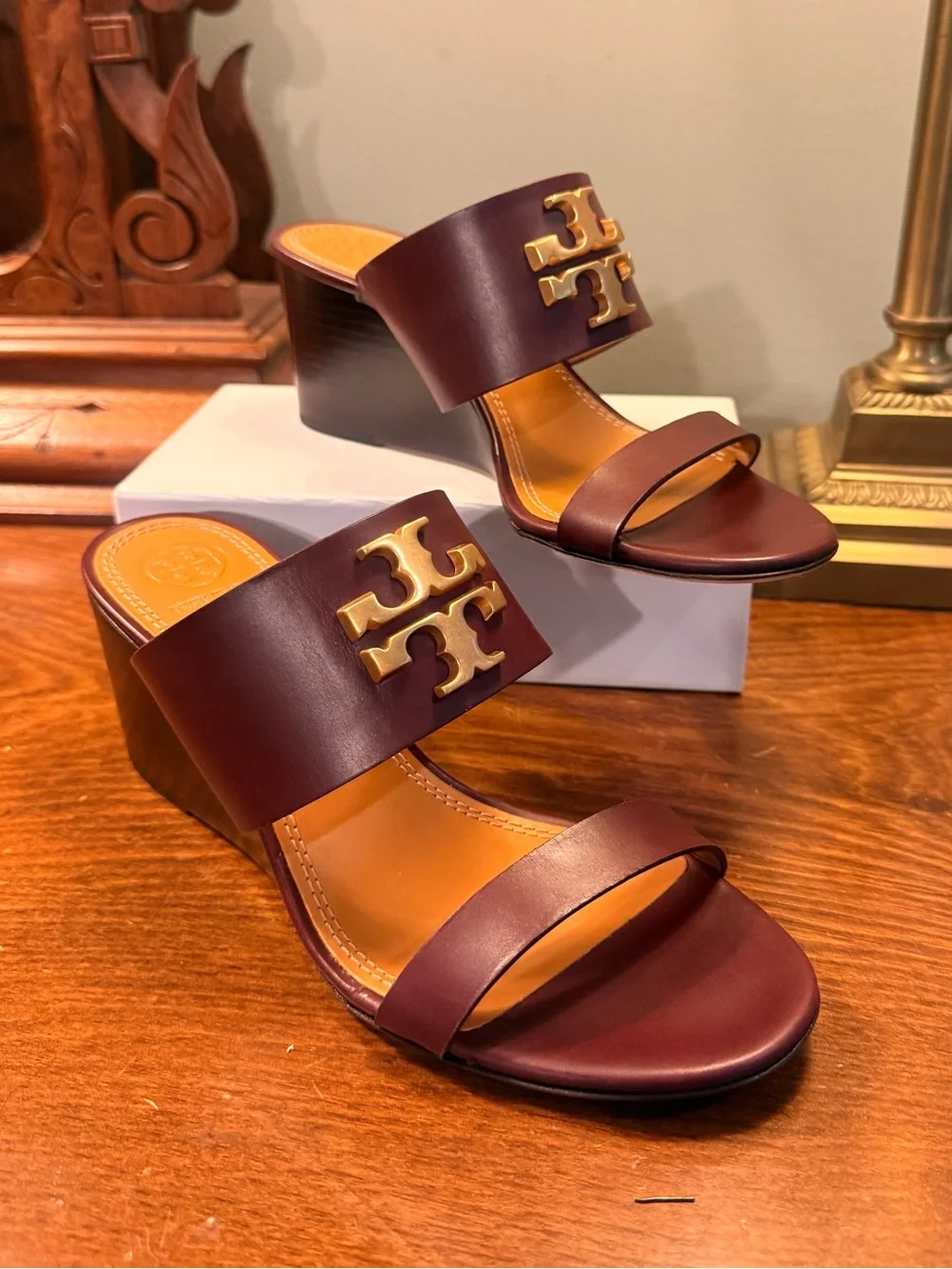 Tory Burch Burgundy Leather Wedge Sandals with Gold Logo